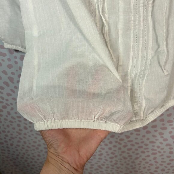 Mudd Women White L Top Boho Crinkle Gauzy Peasant Crochet Embroidered Flowy Lace - Picture 5 of 9